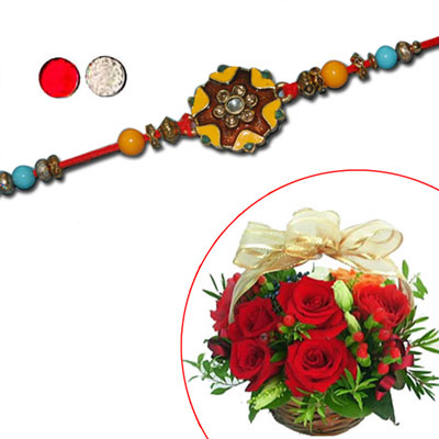"Zardosi Rakhi - ZR-5310 A (Single Rakhi), 15 Red Roses Flower Basket - Click here to View more details about this Product